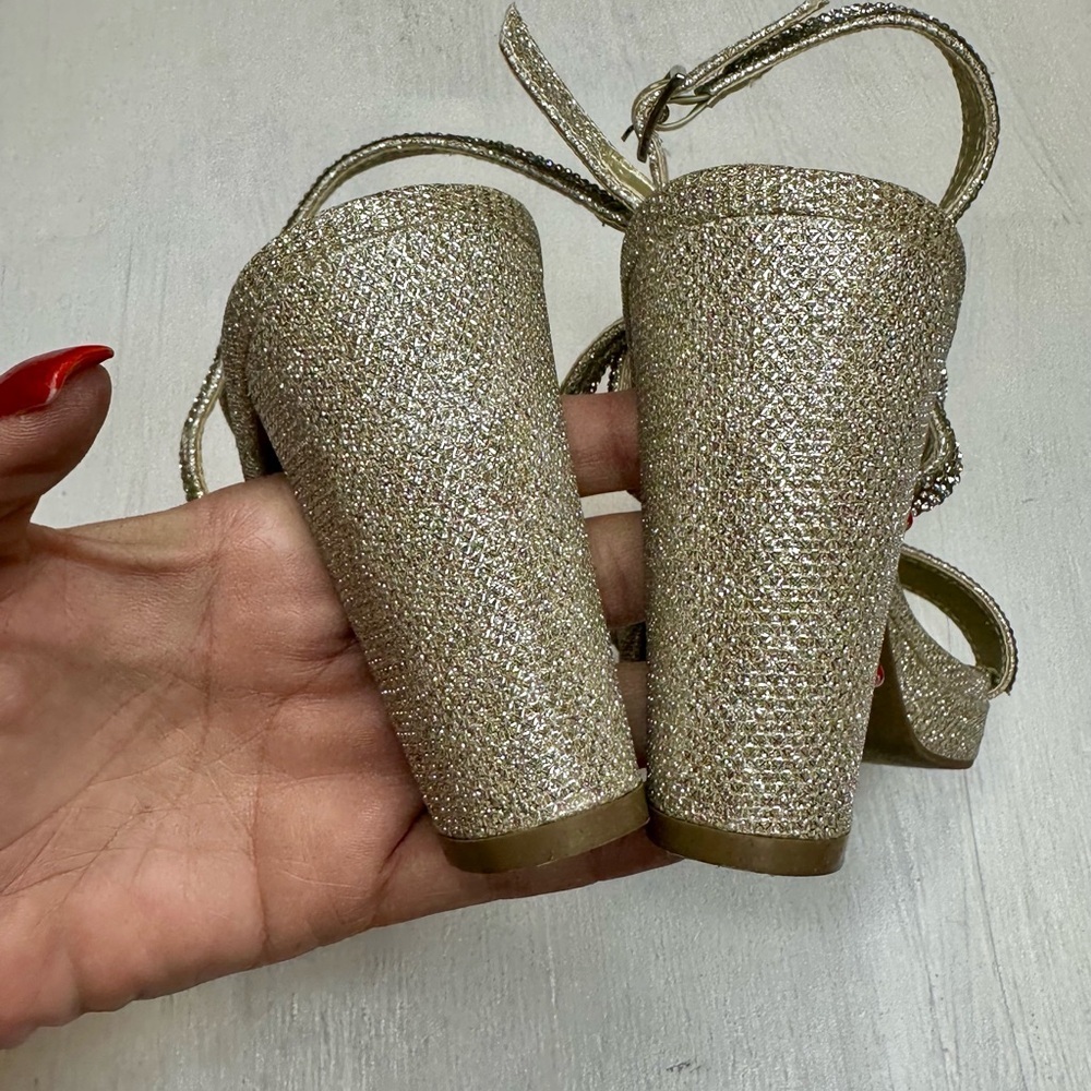 Anne Klein Gold Rhinestone Block Heel Sandals 7.5 M Ankle Strap Dress Shoes - Picture 5 of 11